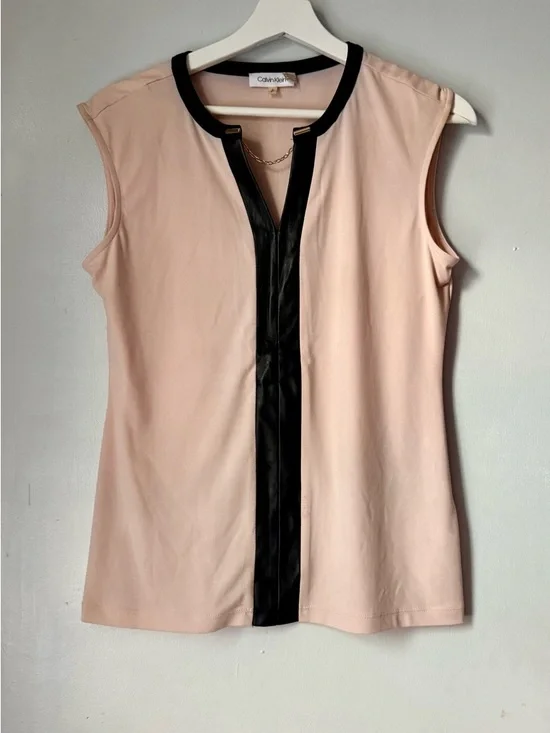 Calvin Klein Beige Camisole with Black Faux-Leather Center Trim - Picture 3 of 8